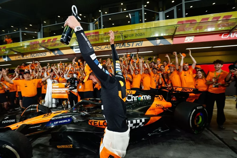 Luke Browning, Williams Racing, 1st position, the McLaren team celebrate after winning the race and securing the Constructors title