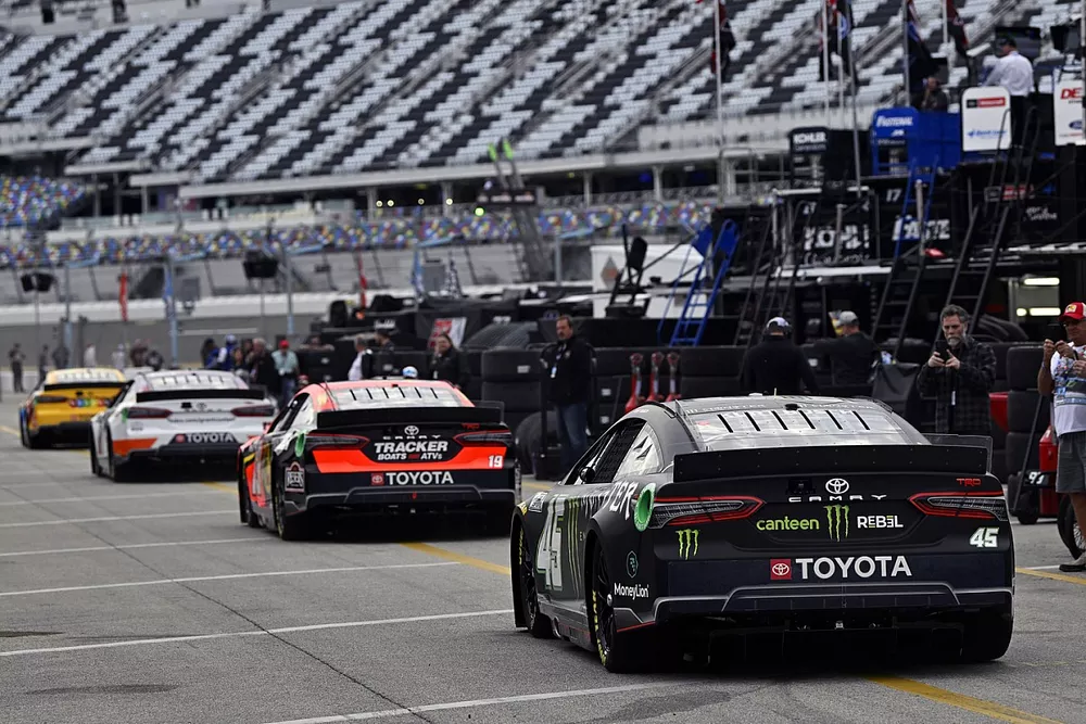 Kyle Busch, Joe Gibbs Racing, Toyota Camry M&M's, Denny Hamlin, Joe Gibbs Racing, Toyota Camry FedEx Express, Martin Truex Jr., Joe Gibbs Racing, Toyota Camry Bass Pro Shops and Kurt Busch, 23XI Racing, Toyota Camry Monster Energy