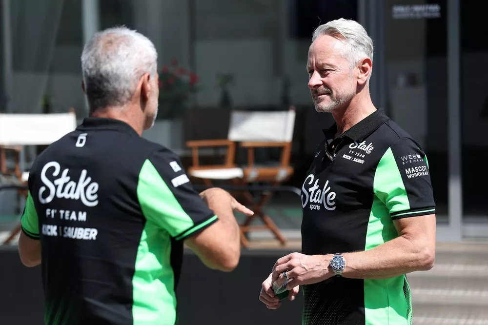 Jonathan Wheatley, Team Principal of Stake F1 Team Kick Sauber talks with Beat Zehnder, Sporting Director of Stake F1 Team Kick Sauber