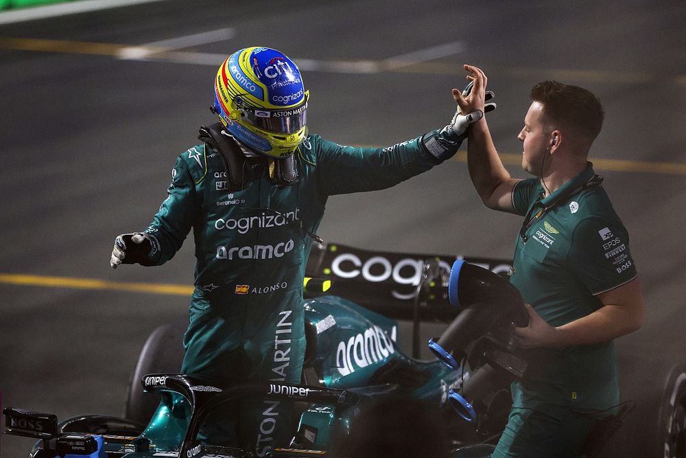 Fernando Alonso, Aston Martin F1 Team, 3rd position, celebrates on arrival in Parc Ferme