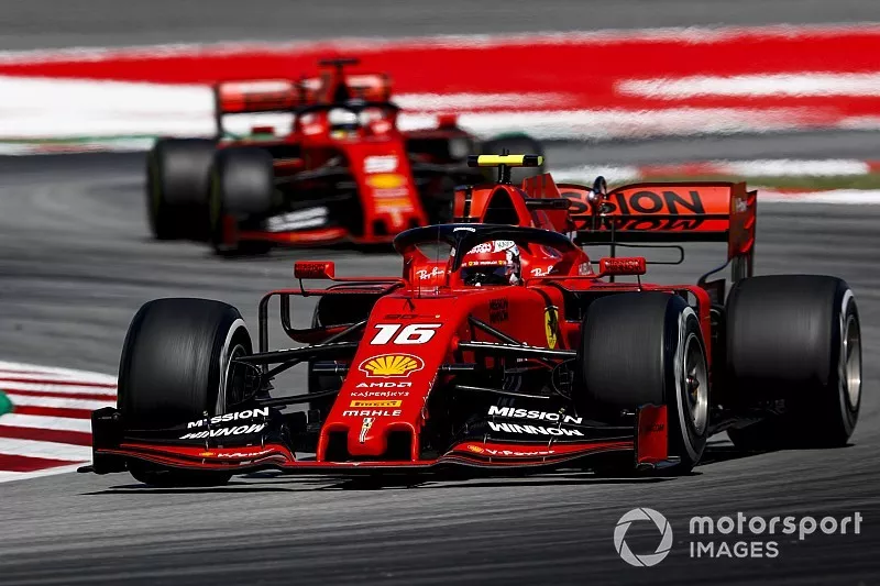 Charles Leclerc, Ferrari SF90, leads Sebastian Vettel, Ferrari SF90