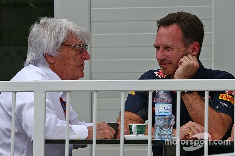 (L to R): Bernie Ecclestone, with Christian Horner, Red Bull Racing Team Principal