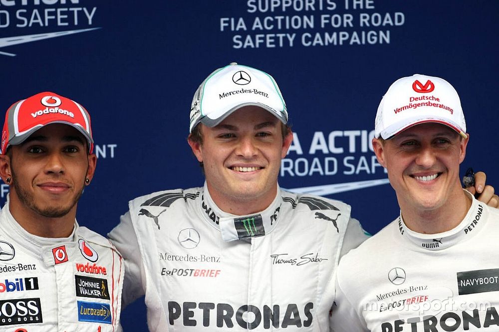 Lewis Hamilton, McLaren Mercedes, Nico Rosberg, Mercedes GP and Michael Schumacher, Mercedes GP