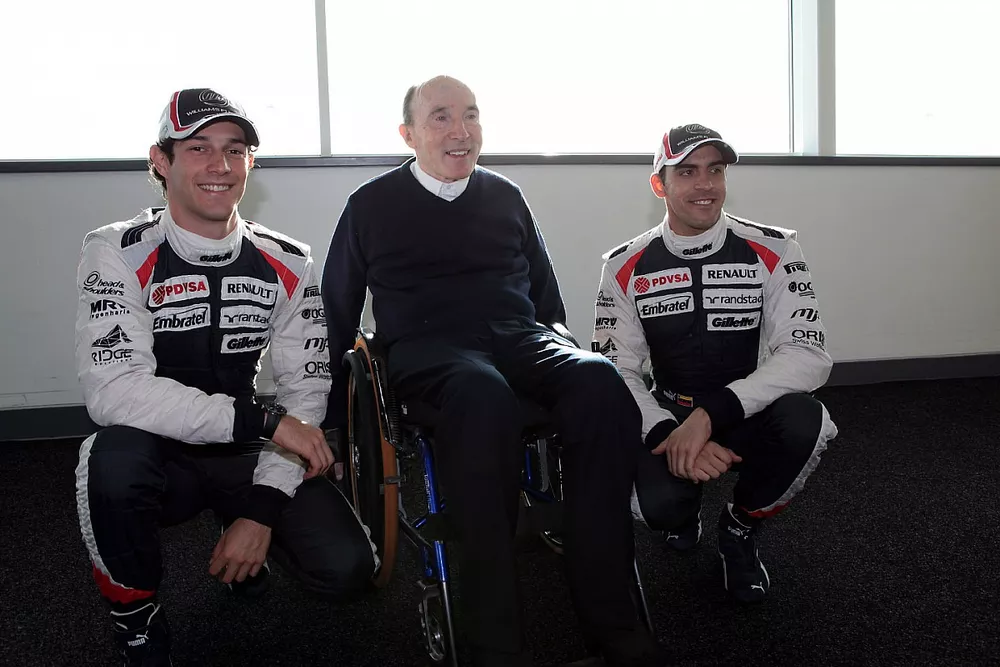 Bruno Senna and Pastor Maldonado, Williams F1 Team with Frank Williams