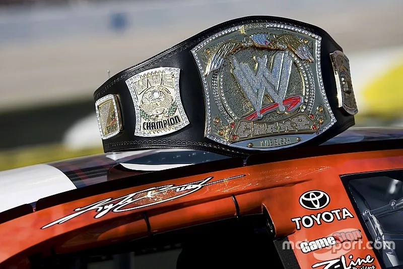 Kyle Busch's WWE belt sits atop his No. 18 Z-Line Designs/ WWE Smackdown vs Raw Toyota