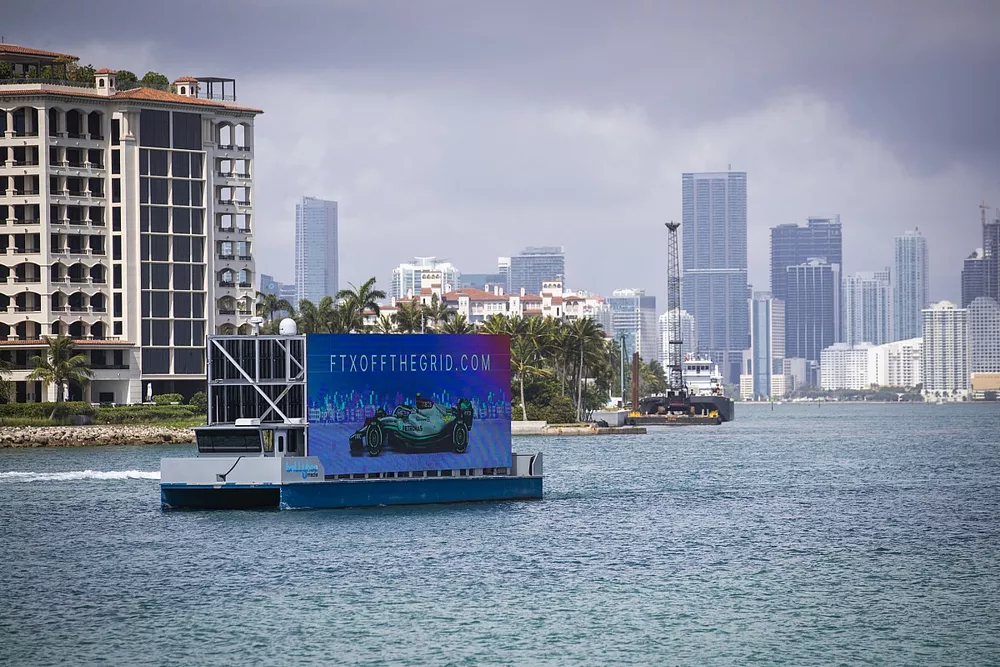 An advertising board on the water