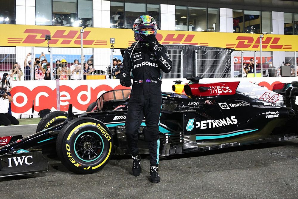 Lewis Hamilton, Mercedes, 1st position, arrives in Parc Ferme