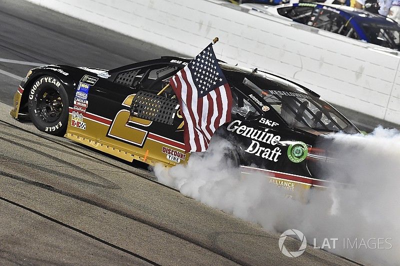 Brad Keselowski, Team Penske, Ford Fusion Miller Genuine Draft celebrates his win