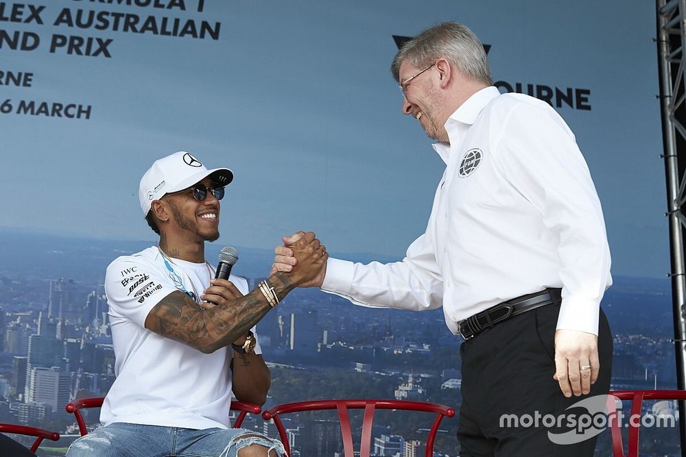 Lewis Hamilton, Mercedes AMG, on stage with Ross Brawn, Managing Director of Motorsports, FOM