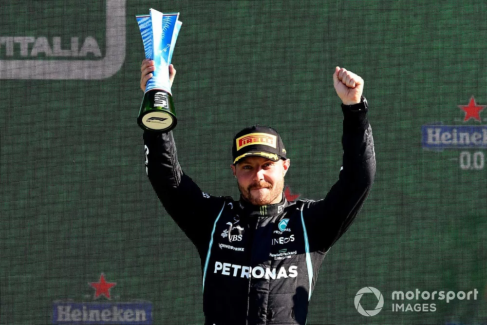 Valtteri Bottas, Mercedes, 3rd position, lifts his trophy