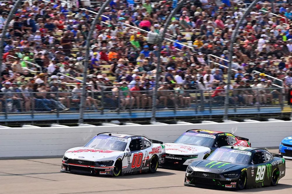 Cole Custer, Stewart Haas Racing, Haas Automation Ford Mustang, Riley Herbst, Stewart Haas Racing, Monster Energy Ford Mustang, and Justin Allgaier, JR Motorsports, BRANDT / Precision Build Chevrolet Camaro