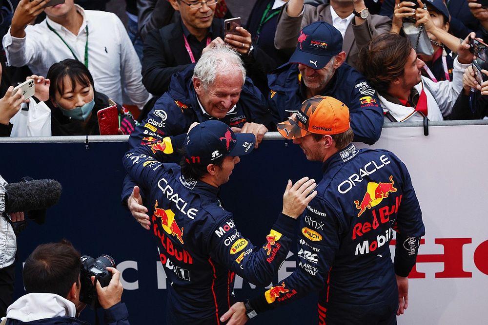 Sergio Perez, Red Bull Racing, 2nd position, Max Verstappen, Red Bull Racing, 1st position, in Parc Ferme with Helmut Marko, Consultant, Red Bull Racing, Adrian Newey, Chief Technology Officer, Red Bull Racing