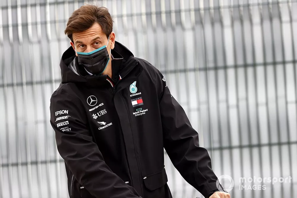 Toto Wolff, Executive Director (Business), Mercedes AMG on an electric scooter.