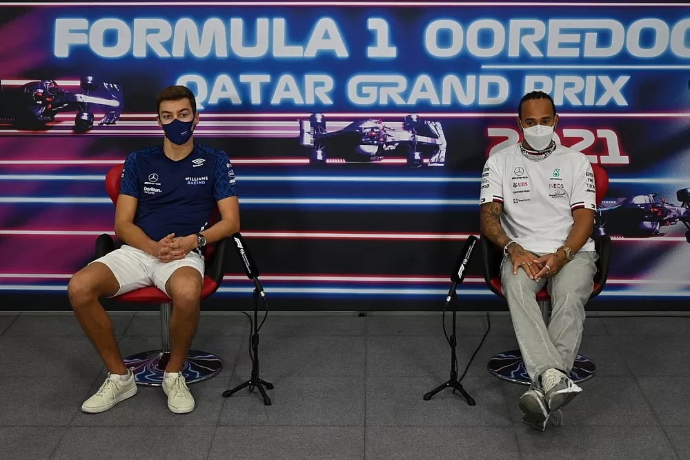 George Russell, Williams and Lewis Hamilton, Mercedes in the press conference 