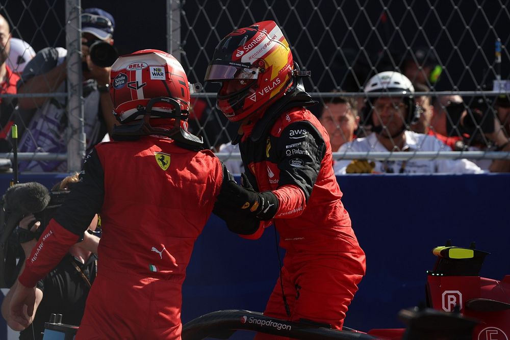 Front row starters, pole man Charles Leclerc, Ferrari, Carlos Sainz, Ferrari, celebrate in Parc Ferme