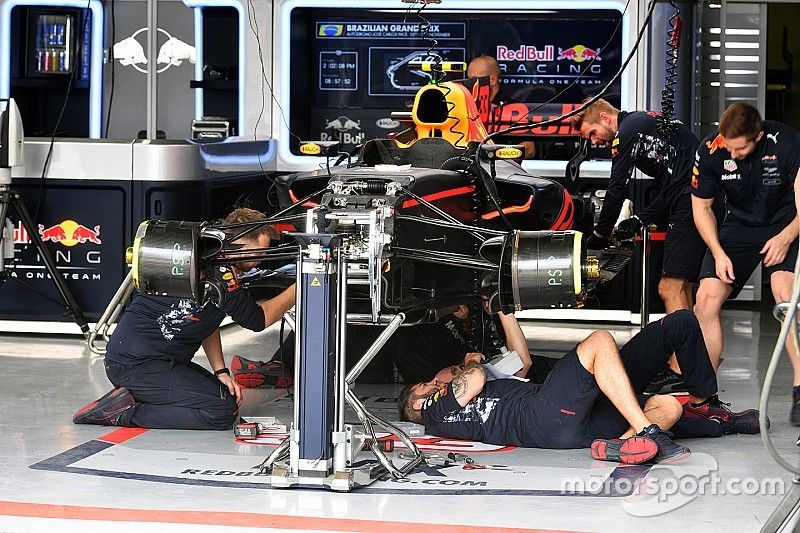 Red Bull Racing RB13 is worked on in the garage