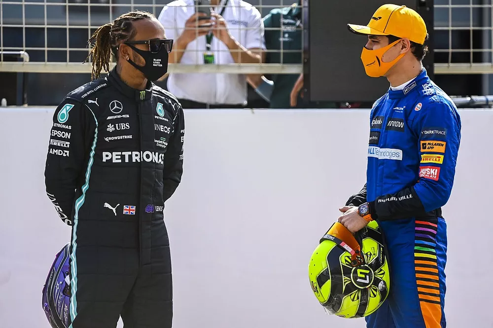 Lewis Hamilton, Mercedes, with Lando Norris, McLaren 