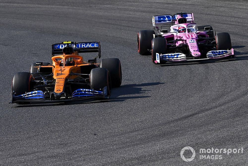 Lando Norris, McLaren MCL35, Sergio Perez, Racing Point RP20