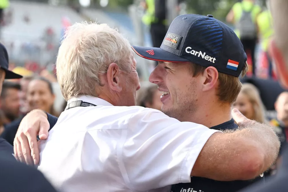 Max Verstappen, Red Bull Racing, 1st position, celebrates with Helmut Marko, Consultant, Red Bull Racing, after the race