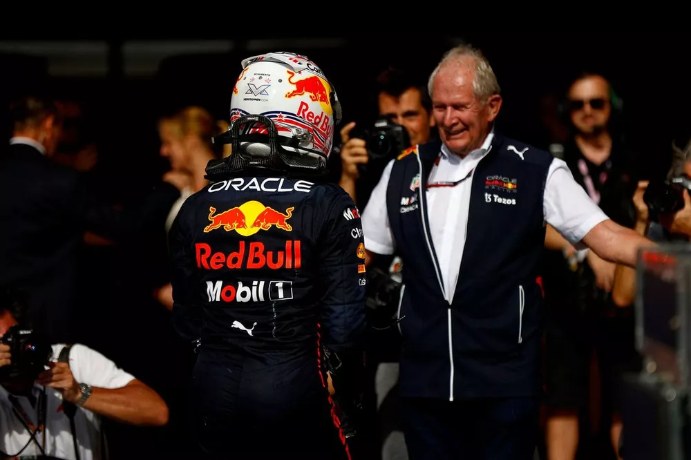 Max Verstappen, Red Bull Racing, 1st position, celebrates on arrival in Parc Ferme with Helmut Marko, Consultant, Red Bull Racing
