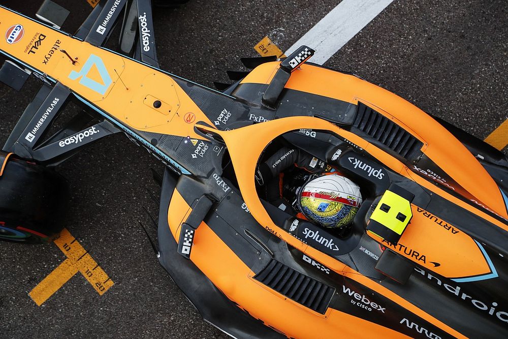 Lando Norris, McLaren MCL36, leaves the garage