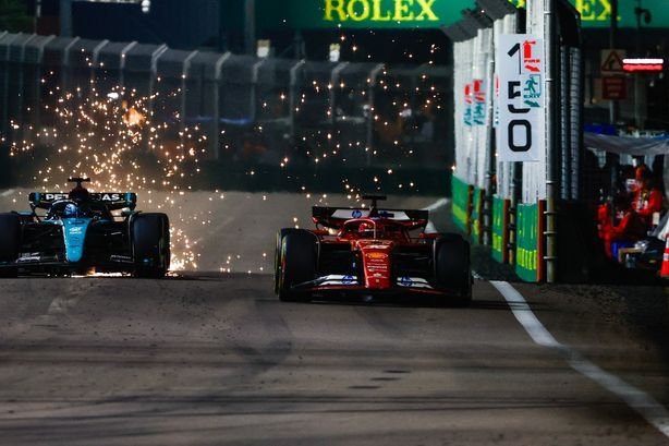 Charles Leclerc, Ferrari SF-24, George Russell, Mercedes F1 W15, as sparks fly