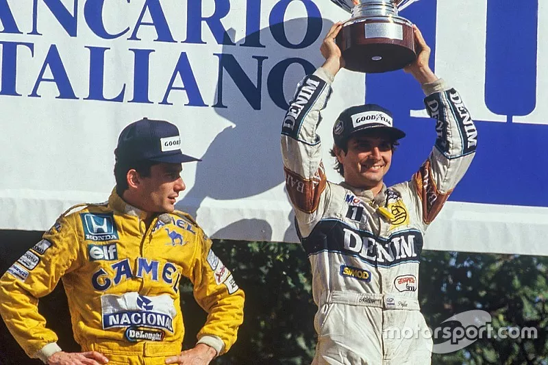 Podium: race winner Nelson Piquet, Williams, second place Ayrton Senna, Team Lotus, third place Nigel Mansell, Williams