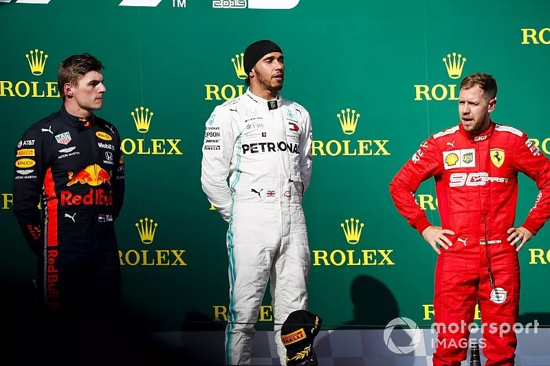 Max Verstappen, Red Bull Racing, Race winner Lewis Hamilton, Mercedes AMG F1 and Sebastian Vettel, Ferrari on the podium