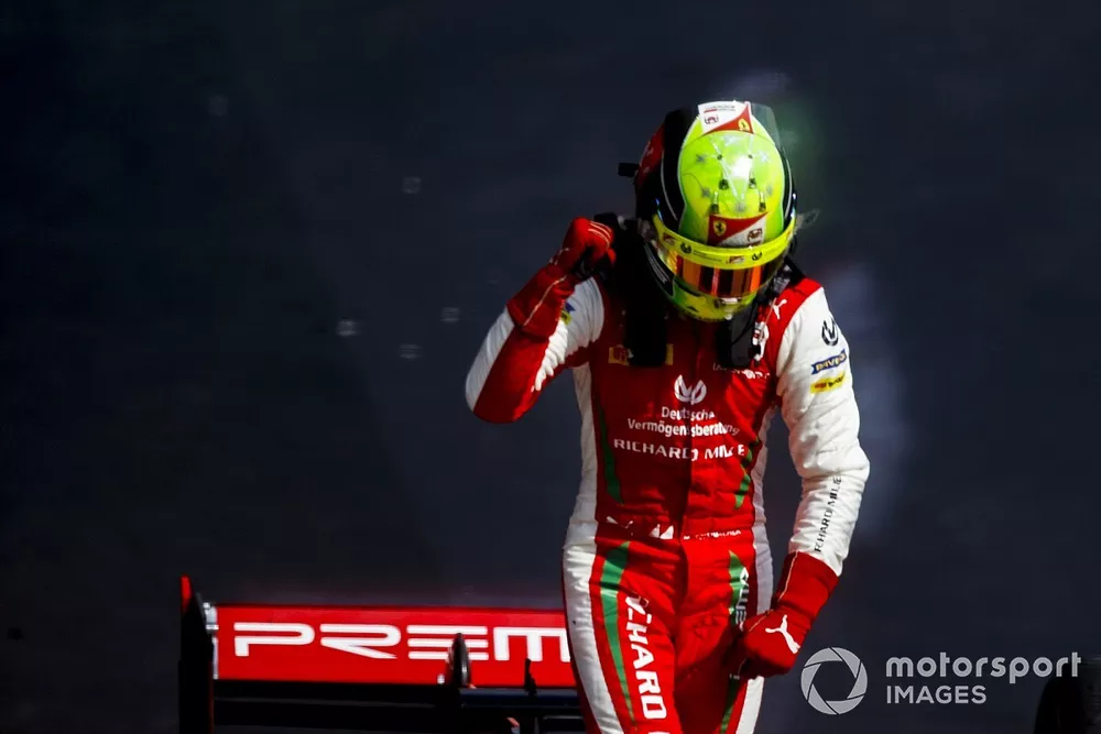 Race Winner Mick Schumacher, Prema Racing celebrates in Parc Ferme 