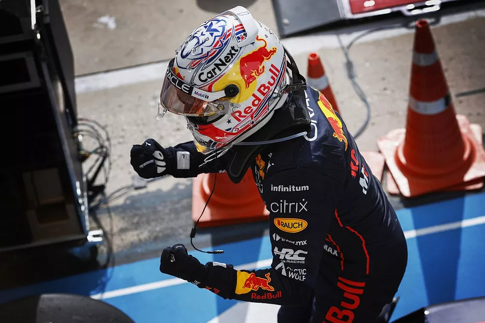 Max Verstappen, Red Bull Racing, 1st position, celebrates on arrival in Parc Ferme