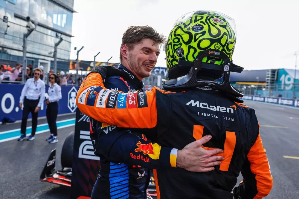 Max Verstappen, Red Bull Racing, 2nd position, congratulates Lando Norris, McLaren F1 Team, 1st position, in Parc Ferme 