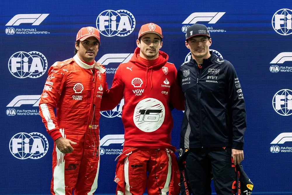 Charles Leclerc, Scuderia Ferrari recieves Pirelli Pole Award  with Carlos Sainz, Scuderia Ferrari and Max Verstappen, Red Bull Racing 