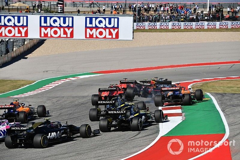 Alex Albon, Red Bull Racing RB15 is launched into the air at the start, as he battles between Charles Leclerc, Ferrari SF90 and Carlos Sainz Jr., McLaren MCL34 at the start