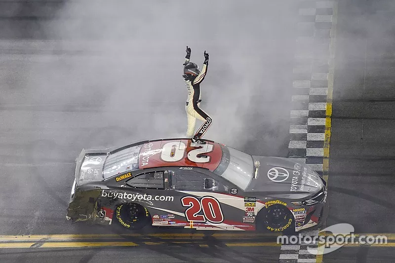 Erik Jones, Joe Gibbs Racing, Toyota Camry buyatoyota.com, celebrates after winning.