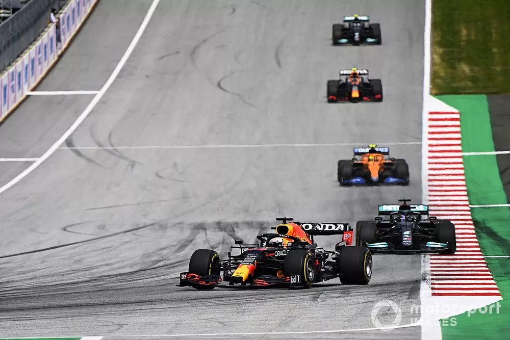 Max Verstappen, Red Bull Racing RB16B, Lewis Hamilton, Mercedes W12, Lando Norris, McLaren MCL35M, and Sergio Perez, Red Bull Racing RB16B