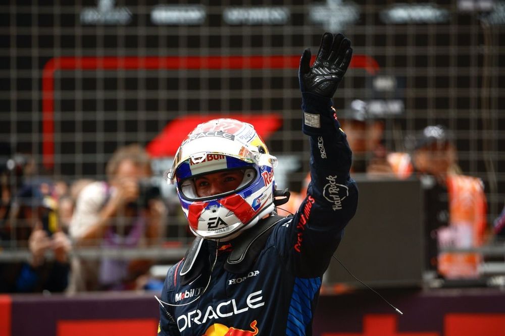 Max Verstappen, Red Bull Racing, 1st position, celebrates in Parc Ferme after the Sprint