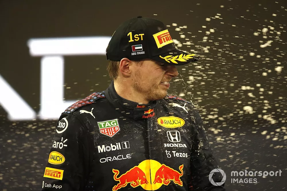 Max Verstappen, Red Bull Racing, 1st position, celebrates on the podium