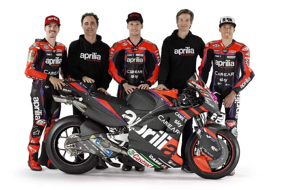 Maverick Vinales, Aleix Espargaro, Lorenzo Savadori, Romano Albesiano, Aprilia Racing Technical Director, Massimo Rivola, Aprilia Racing CEO 