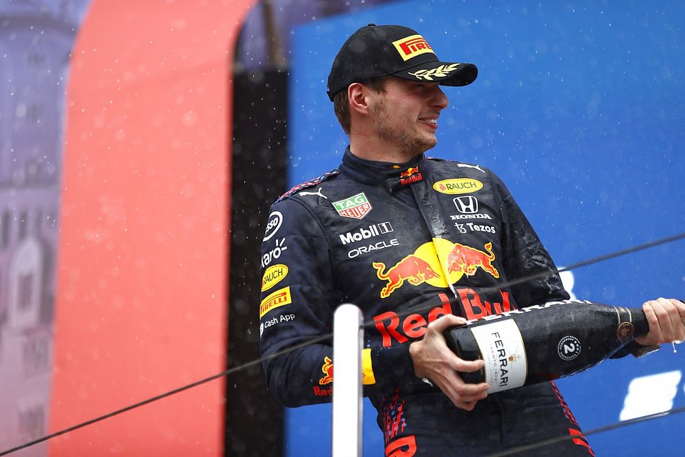 Max Verstappen, Red Bull Racing, 2nd position, sprays Champagne on the podium