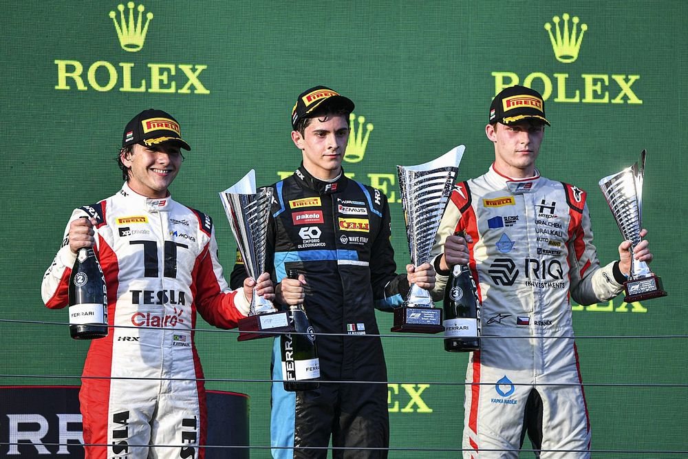 Enzo Fittipaldi, Charouz Racing System, Rcae winner Matteo Nannini, HWA Racelab and Roman Stanek, Hitech Grand Prix celebate on the podium