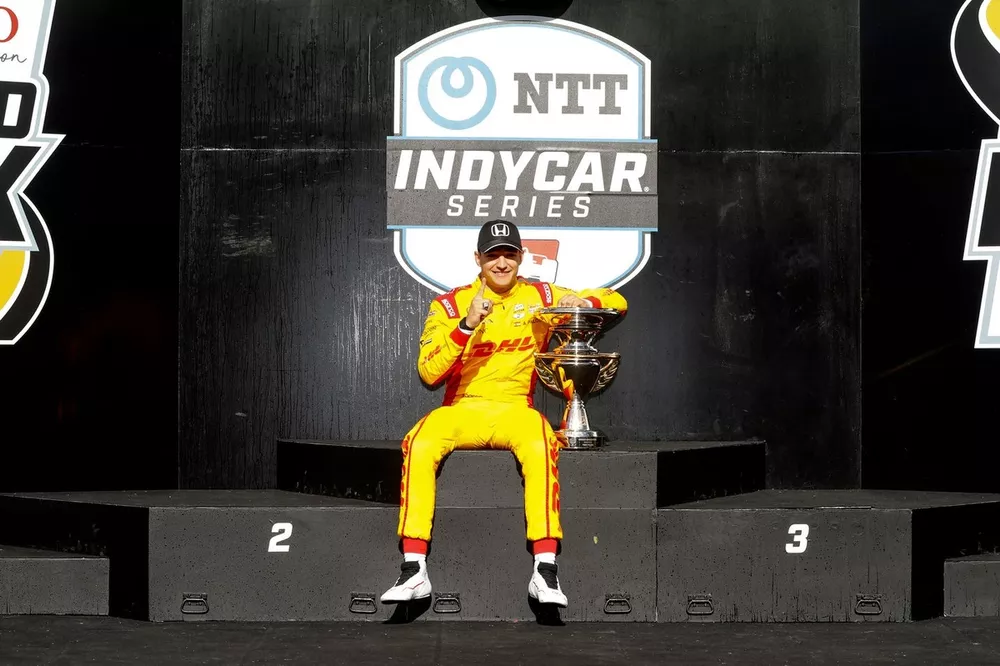 Alex Palou, Chip Ganassi Racing Honda celebrates in victory lane