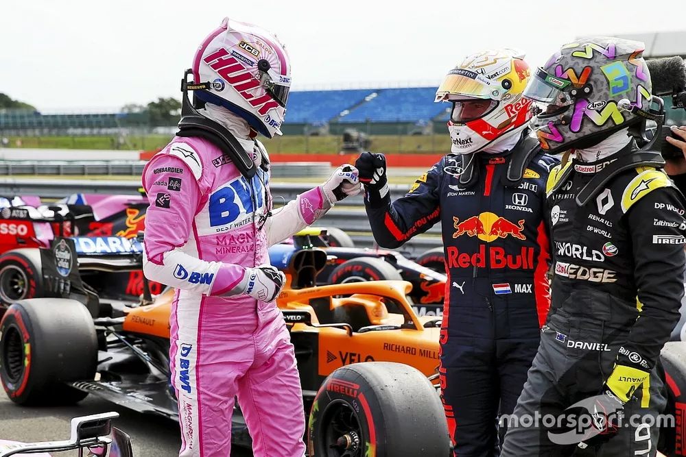 Tercer puesto Nico Hulkenberg, Racing Point celebra en Parc Ferme con Max Verstappen, Red Bull Racing y Daniel Ricciardo, Renault F1