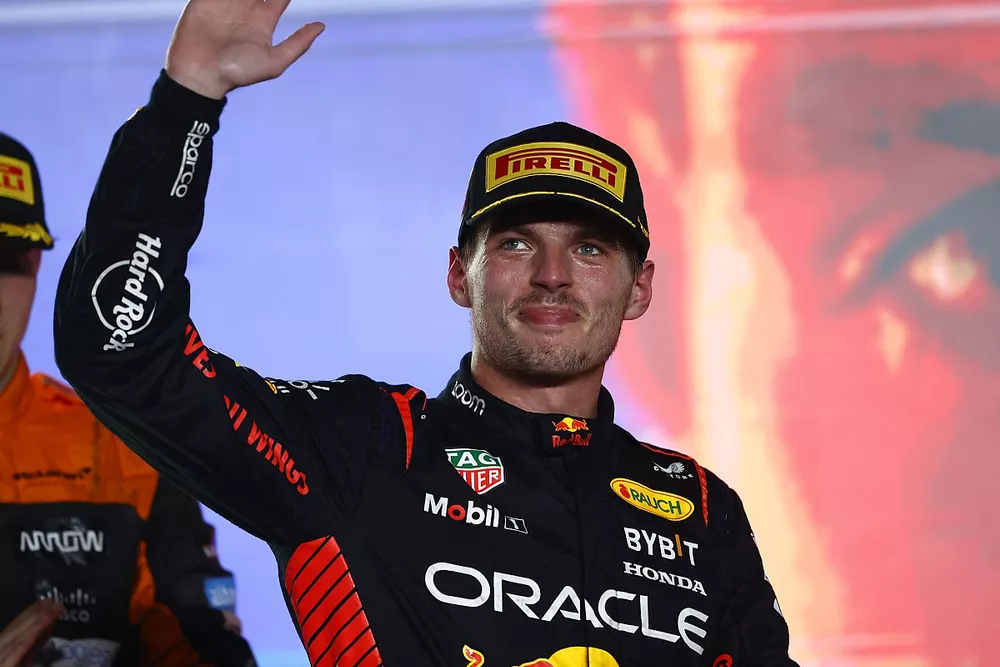 Max Verstappen, Red Bull Racing, 1st position, arrives on the podium