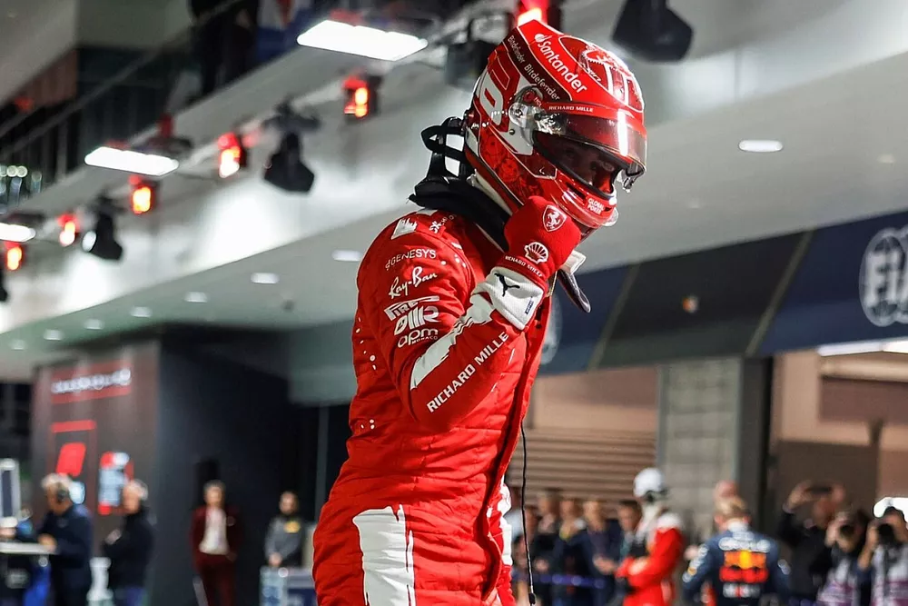 Pole man Charles Leclerc, Scuderia Ferrari, arrives in Parc Ferme