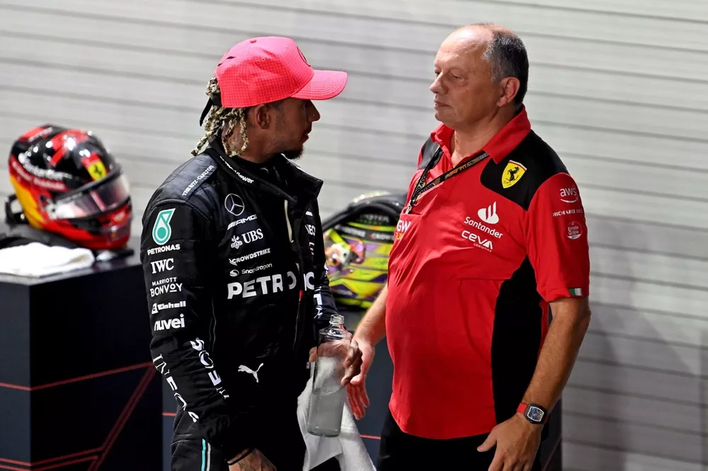 Lewis Hamilton, Mercedes-AMG, 3rd position, Frederic Vasseur, Team Principal and General Manager, Scuderia Ferrari, talk in Parc Ferme