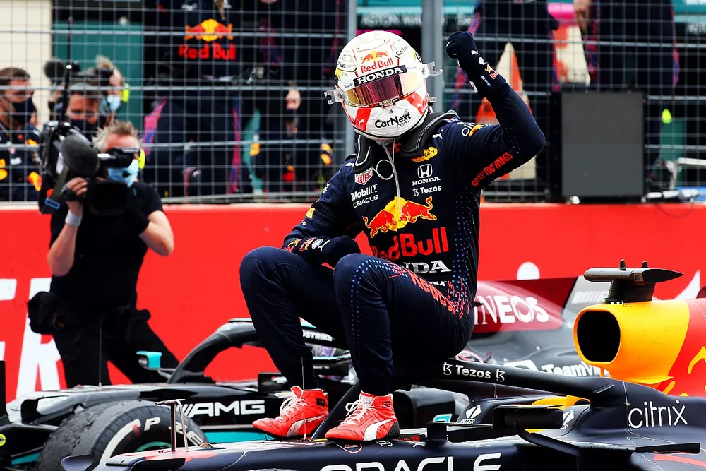 Max Verstappen, Red Bull Racing, 1st position, celebrates on arrival in Parc Ferme

