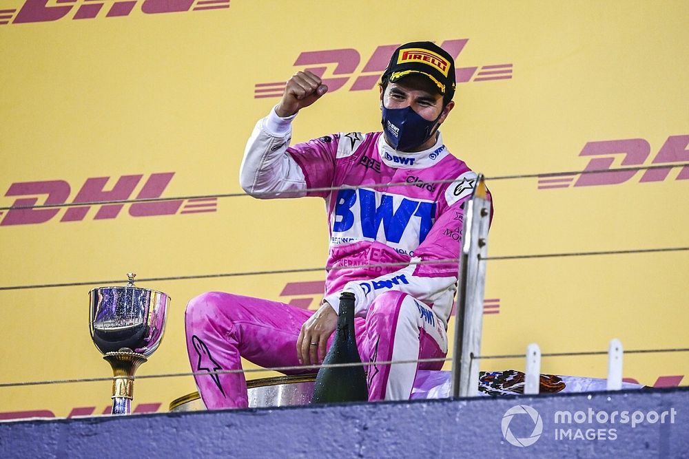 Sergio Perez, Racing Point, 1st position, celebrates on the podium