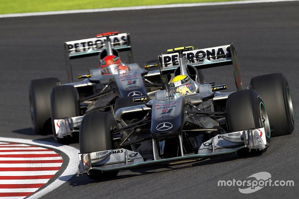 Nico Rosberg, Mercedes GP W01, leads Michael Schumacher, Mercedes GP W01