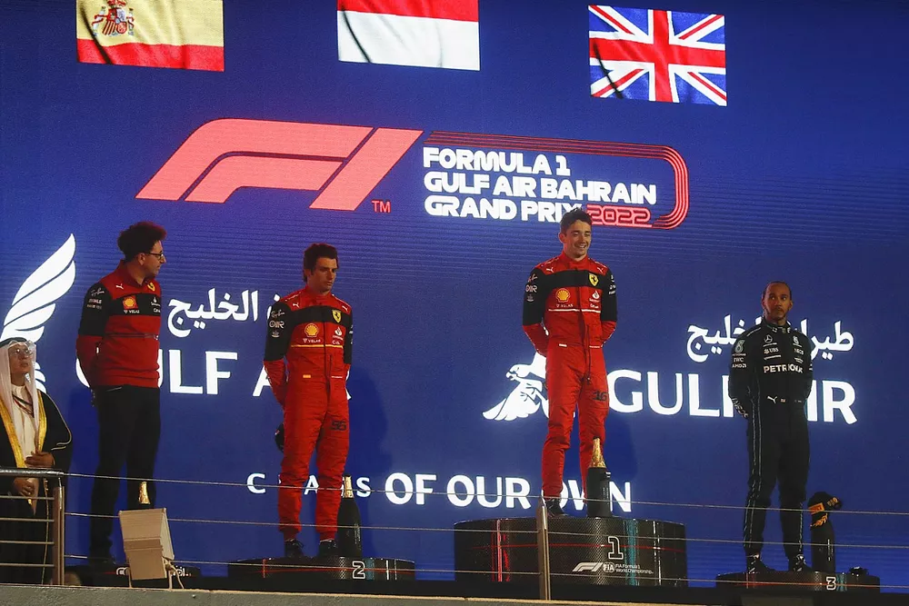Podium: race winner Charles Leclerc, Ferrari, second place Carlos Sainz Jr., Ferrari, third place Lewis Hamilton, Mercedes, Mattia Binotto, Team Principal, Ferrari