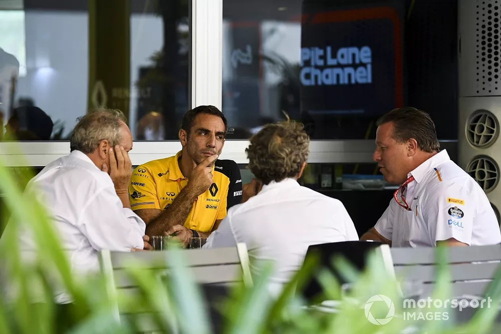 Alain Prost, Renault F1 Team, Jerome Stoll, President de Renault Sport F1, Cyril Abiteboul, directeur g&eacute;n&eacute;ral, Renault F1 Team et Zak Brown, directeur ex&eacute;cutif McLaren 
